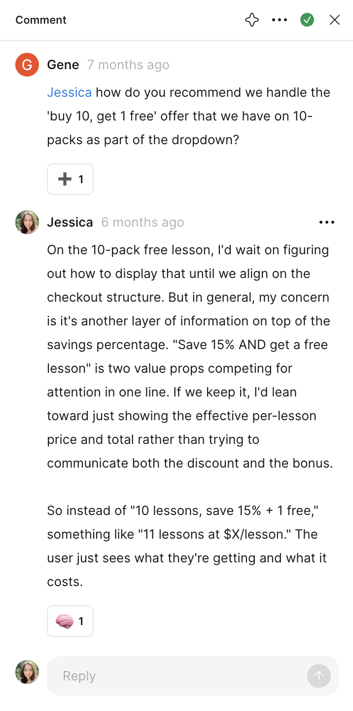 Figma thread: Gene asks how to show the buy 10, get 1 free offer. Jessica recommends showing the effective per-lesson price and total, like “11 lessons at $X/lesson,” instead of two competing value props.