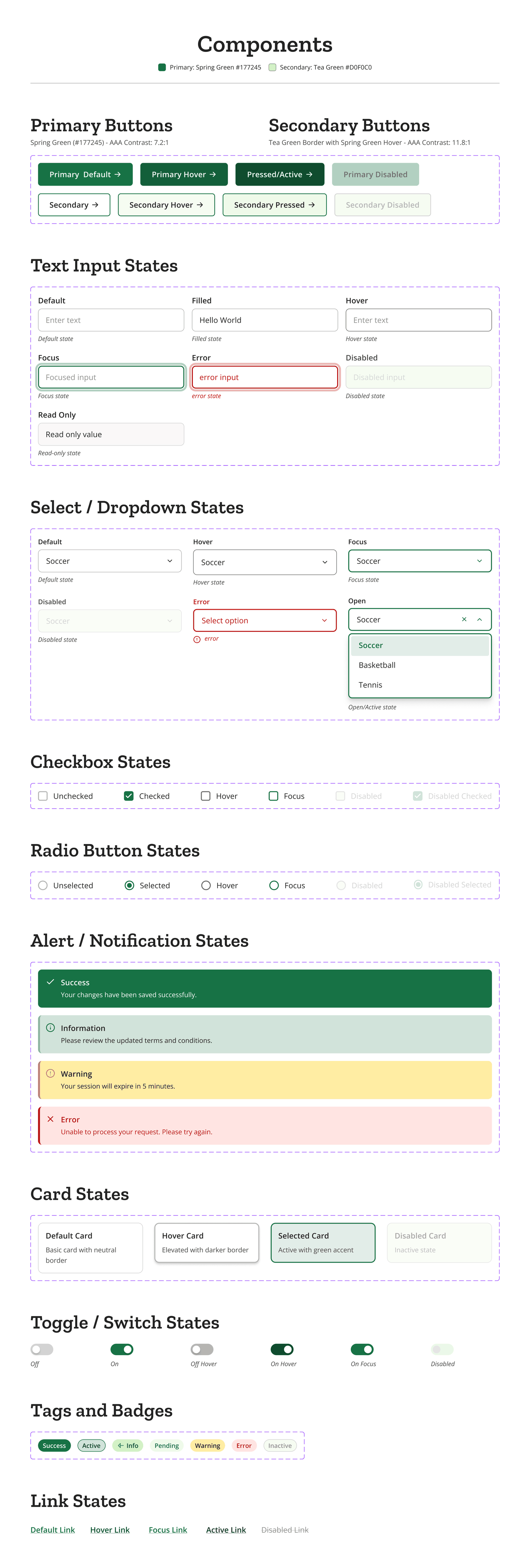 The Athletes Untapped component library: primary and secondary buttons, text inputs, dropdowns, checkboxes, radio buttons, alerts, cards, toggles, tags and links, each shown in every state.