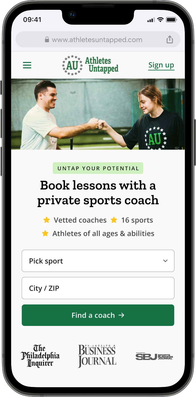 Athletes Untapped home page on a phone