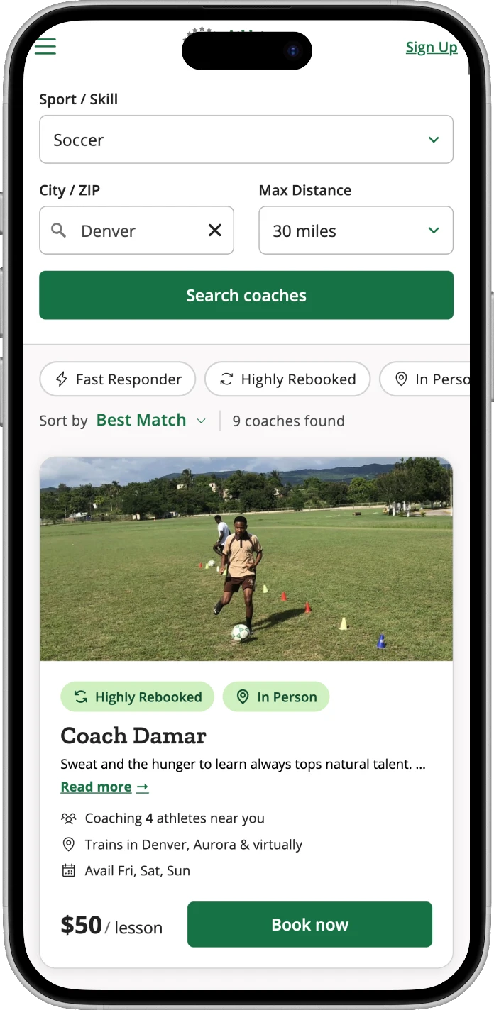 Coach search and a coach card on a phone
