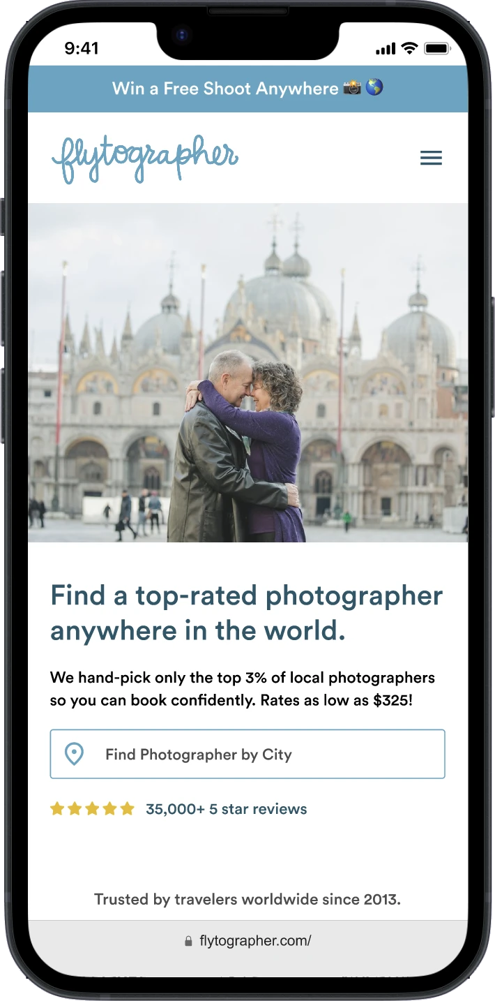 Recommended hero: “Find a top-rated photographer anywhere in the world” on a phone