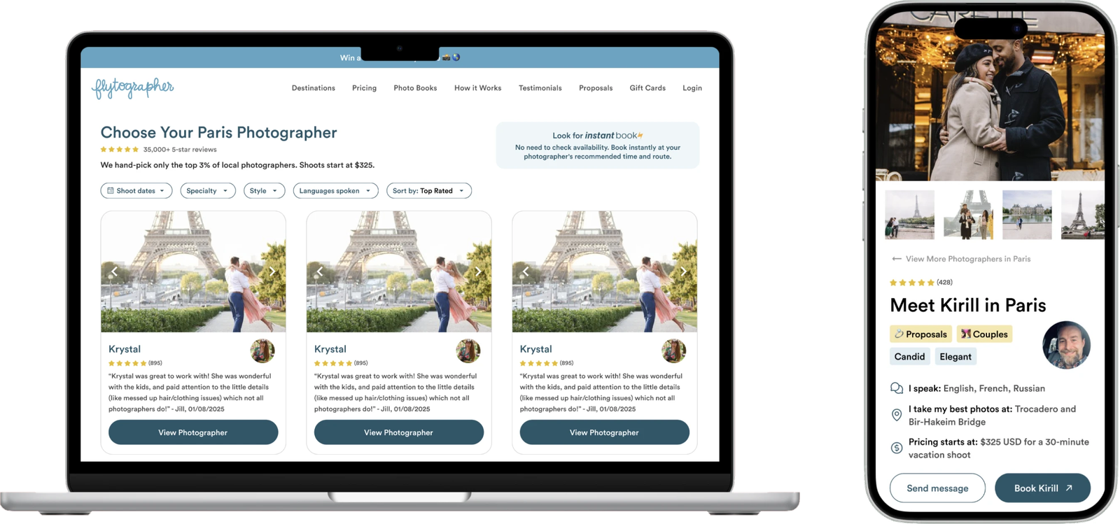 Recommended Flytographer photographer search on a laptop and photographer profile on a phone