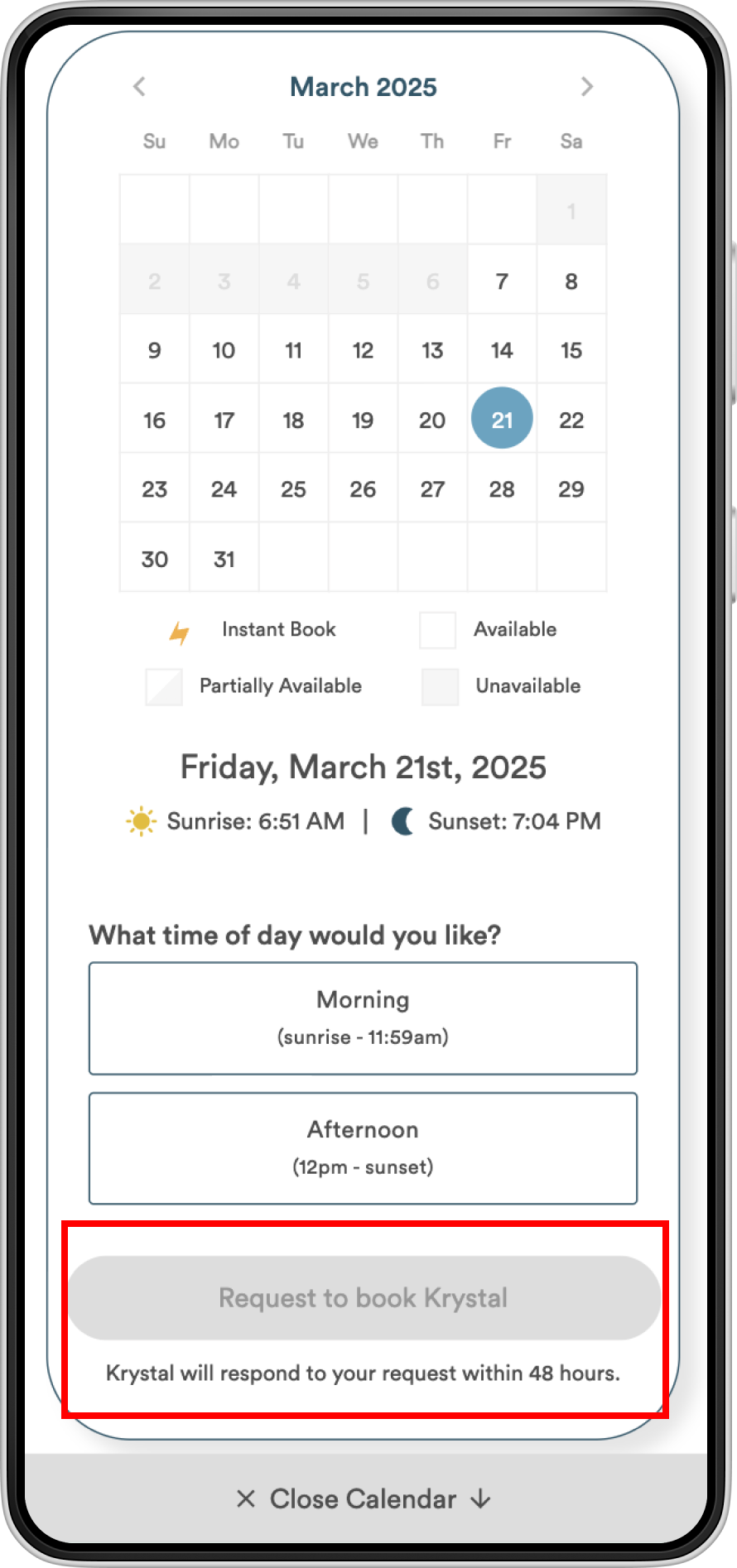 The Flytographer date and time picker on a phone