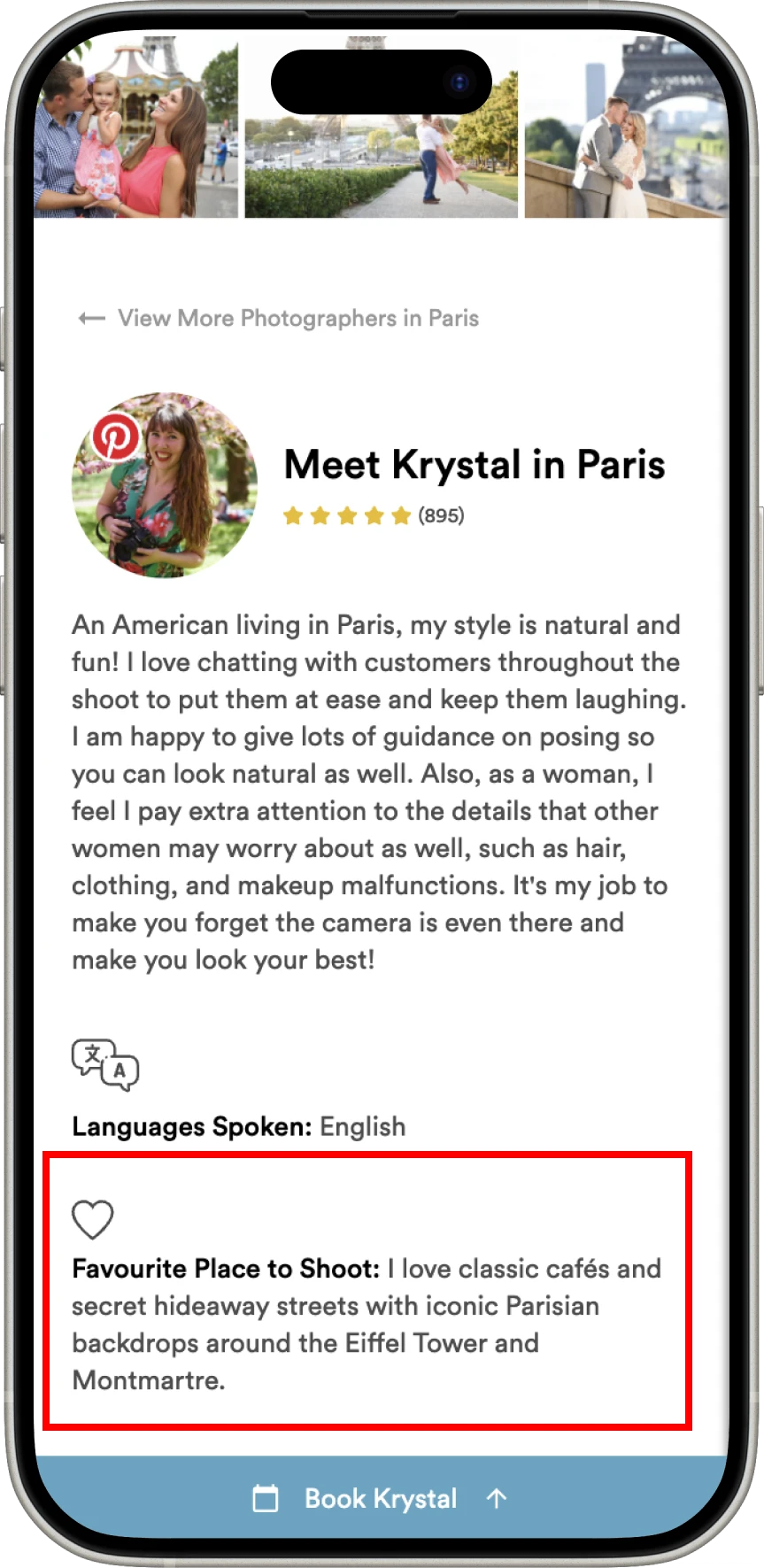 A Flytographer photographer profile on a phone