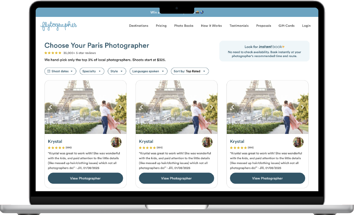 Recommended photographer search with filters, sort and an Instant Book note, on a laptop