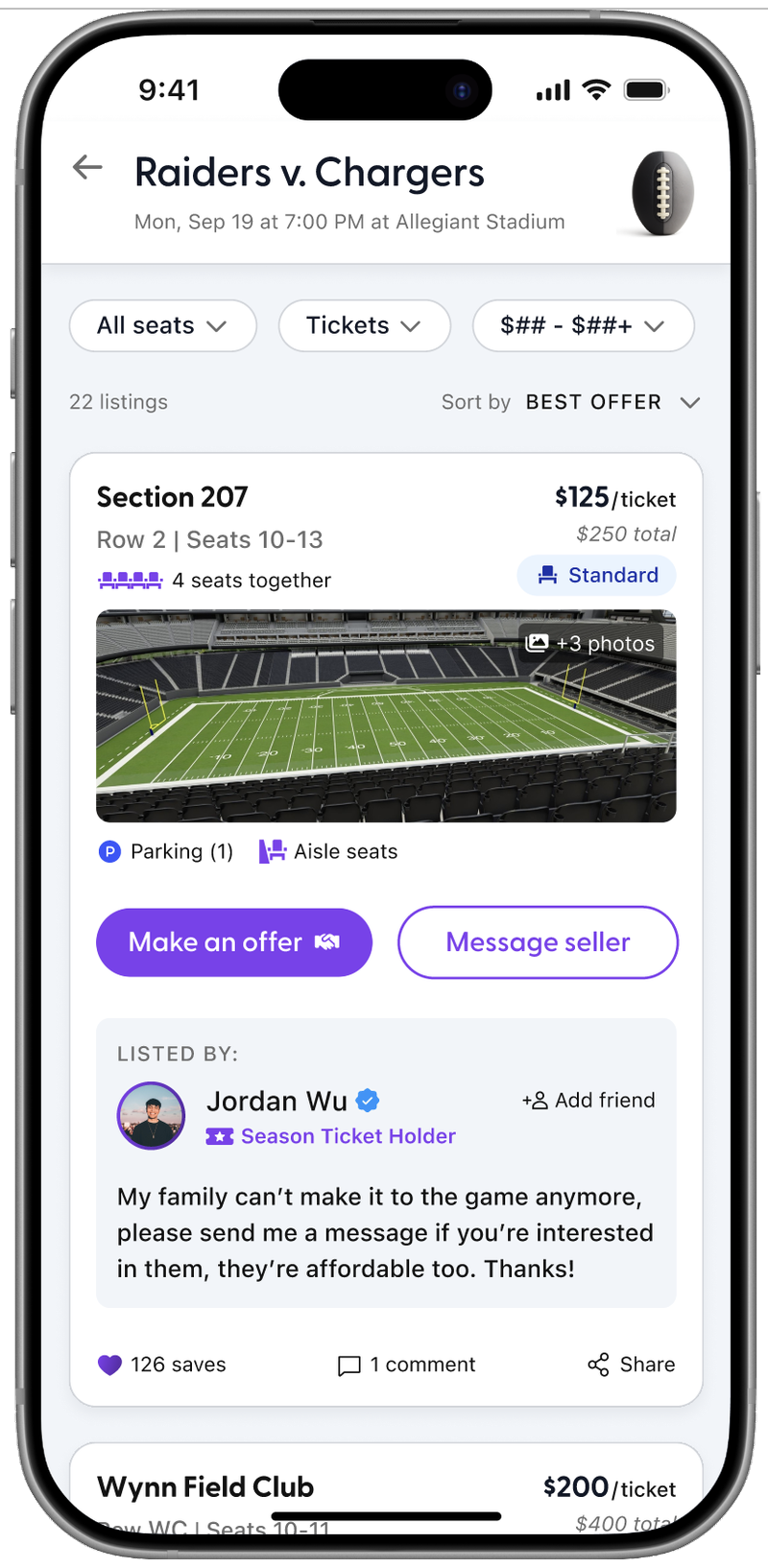 The redesigned Seat Connect ticket listing on a phone
